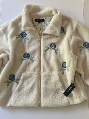 Alice Blue Floral Embroidered Sherpa Jacket Cream Teddy Fleece XL NWT